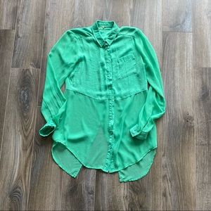 Free People green half sheet split back shirt